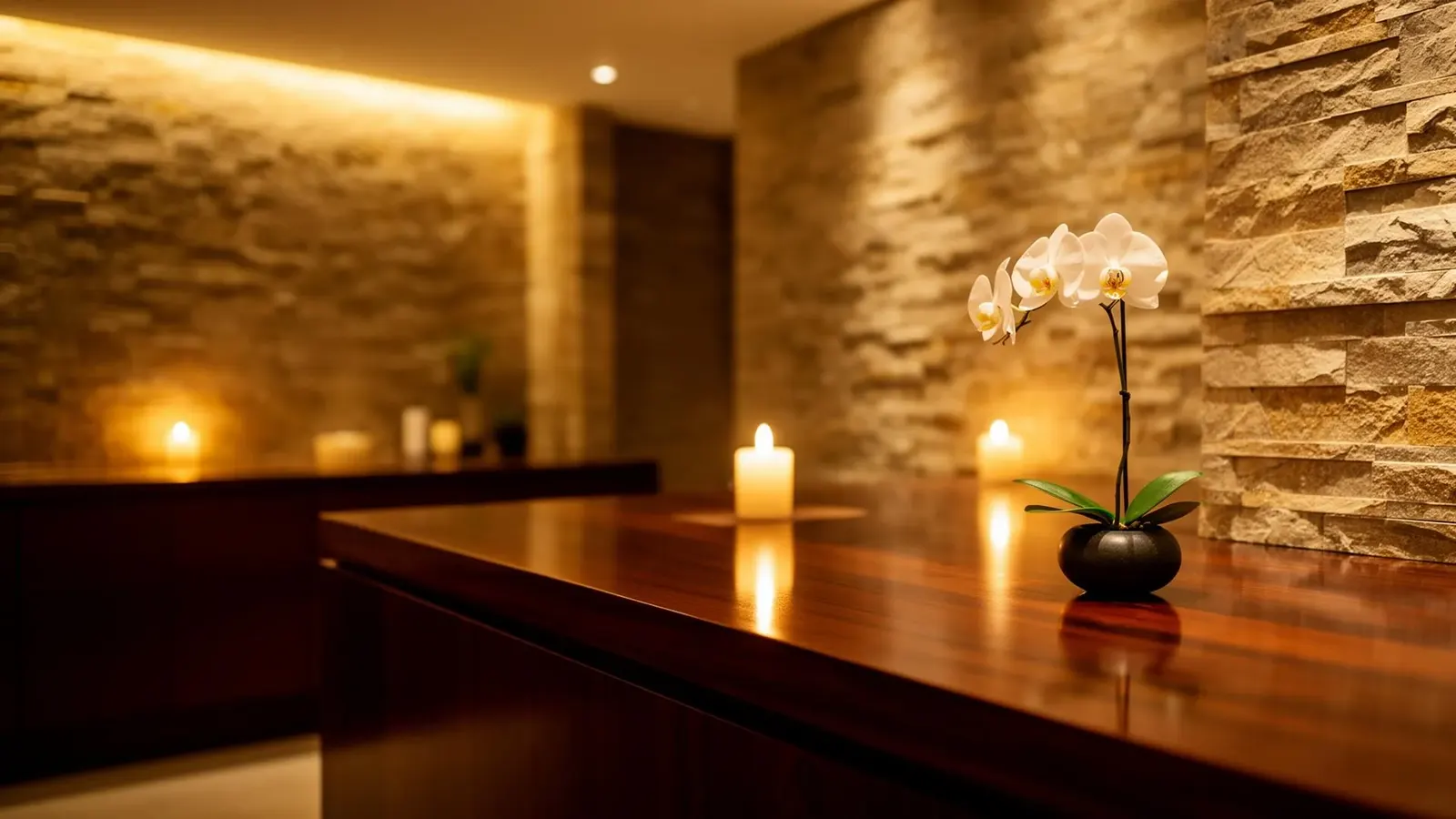 Luxurious zen spa interior with warm wood tones and tranquil atmosphere