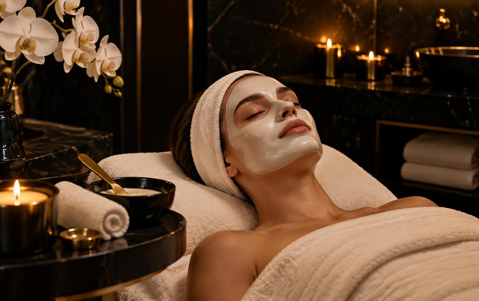Guest relaxing with a cream enzyme mask during a DMK Enzyme Therapy facial at Zenko Spa in Fort Lauderdale