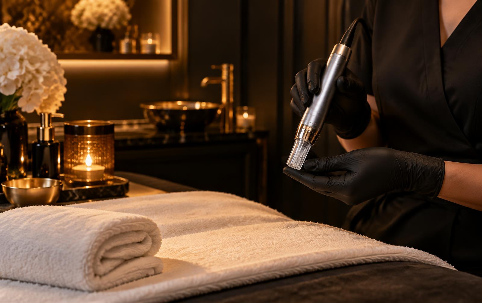 Esthetician holding a professional microchanneling device in a candlelit Zenko Spa treatment room in Fort Lauderdale