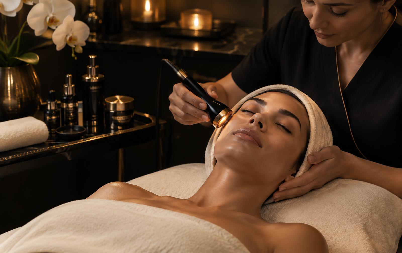 Esthetician gliding a radiofrequency skin tightening wand along a relaxed guest's cheek at Zenko Spa in Fort Lauderdale
